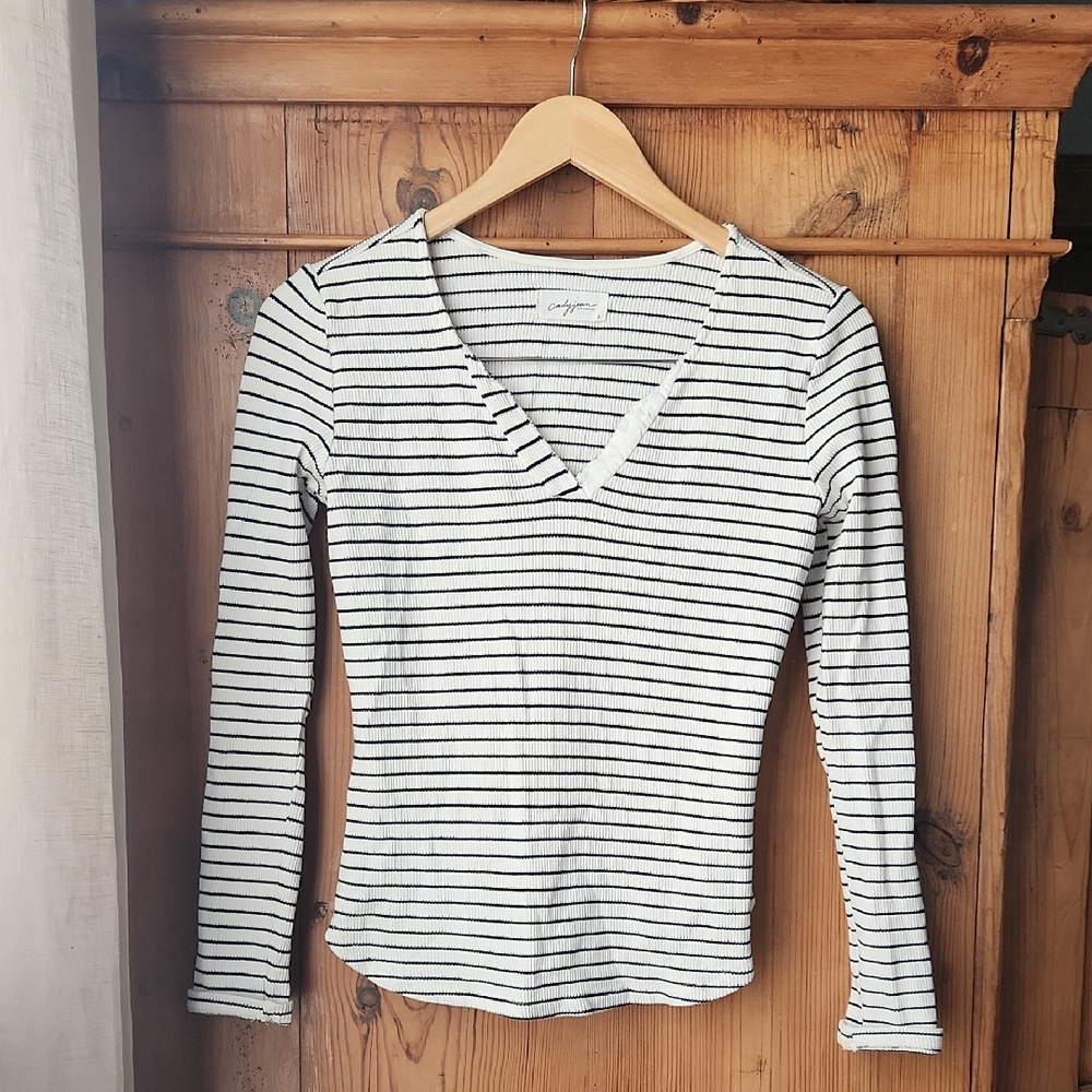 Carly Jean Los Angeles Black and White Striped V-Neck Long Sleeve Top